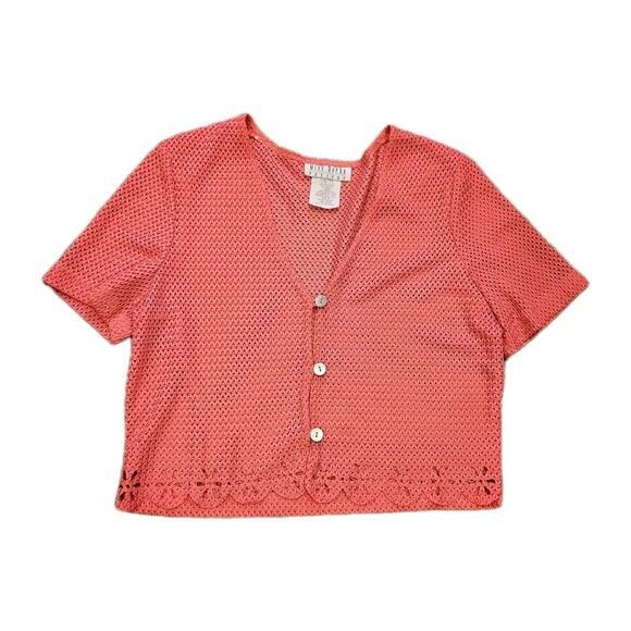 Vtg Crochet Mesh Cardigan Top Womens 10 Coral Pink Beachy Coastal Boho Festival - Picture 1 of 8